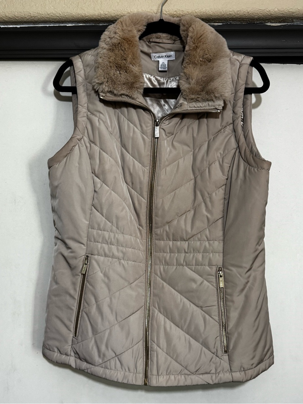 Calvin Klein Quilted Taupe Vest with Faux Fur Collar